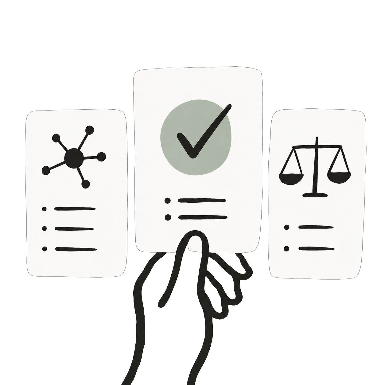 Hand-drawn illustration: three provider cards with a hand selecting the one with a check mark